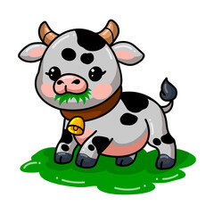 Cute baby cow cartoon eating grass