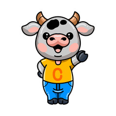 Cute baby cow cartoon waving hand