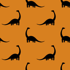 Seamless pattern with dinosaurs on an orange background. Print of black diplodocus silhouettes