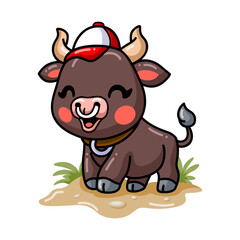 Cute baby bull cartoon wearing hat
