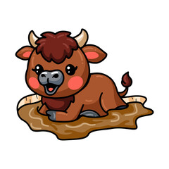 Cute baby buffalo cartoon in the mud 