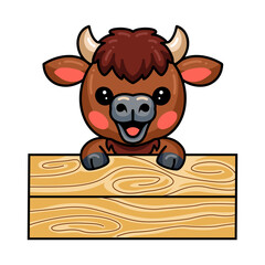 Cute baby buffalo cartoon with blank board 