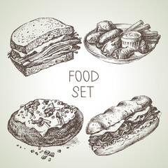 Hand drawn food sketch set of steak sub sandwich, buffalo chicken wings, backed potato, beef sandwich. Vector black and white vintage illustrations