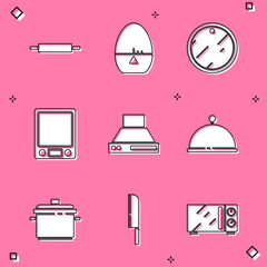 Set Rolling pin, Kitchen timer, Cutting board, Electronic scales, extractor fan, Covered with tray, Cooking pot and Knife icon. Vector