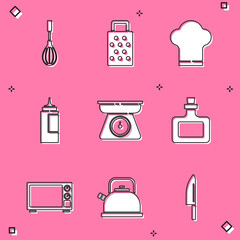Set Kitchen whisk, Grater, Chef hat, Sauce bottle, Scales, Microwave oven and Kettle with handle icon. Vector