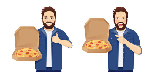 Handsome big man in casual clothes standing showing thumb up holding open pizza box isolated vector illustration