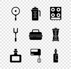 Set Frying pan, Teapot, Gas stove, Sauce bottle, Electric mixer, Bottle of olive oil, Barbecue fork and Cooking icon. Vector