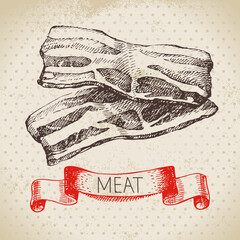 Hand drawn sketch meat product. Vector vintage bacon illustration. Menu design
