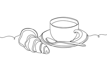Continuous one line of cup morning coffee and croissant in silhouette on a white background. Linear stylized.Minimalist.