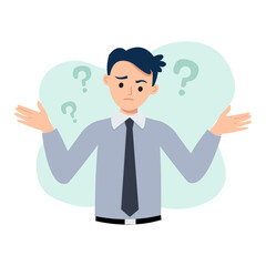 Business man lift his hands with confused expression. Uncertainty and doubt concept
