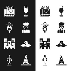 Set French man, Scooter, baguette bread, Wine glass, Notre Dame, Elegant women hat, Eiffel tower and Street light icon. Vector