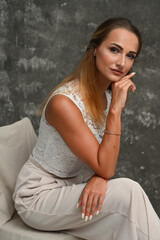 Fototapeta premium High resolution portrait beauty caucasian woman looking at camera on gray background