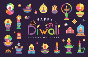 Happy Diwali Hindu festival modern flat design with colorful oil lamps and typography design. 