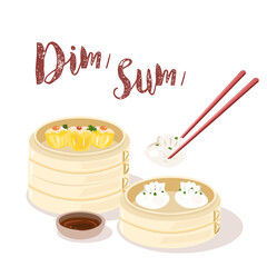 Steamed dumpling dim sum in a traditional bamboo steamer on white backgrounds. Vector illustration.