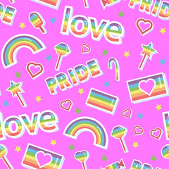Stickers on a pink background. Seamless pattern. LGBT pride associated with LGBT symbols. Love, rainbow, flags, rainbow lollipops.