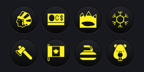 Set Wooden axe, Snowflake, Flag of Canada, Stone for curling, Canadian, dollar, Beaver animal and Native American Indian icon. Vector