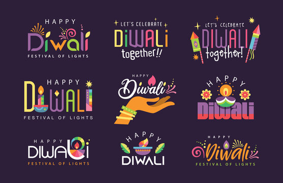 Set of 9 Happy Diwali colorful festive typography design/ icon design.