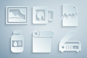 Set Roll of paper, Torn document, Printer ink bottle, Scanner, Coffee cup and Picture landscape icon. Vector