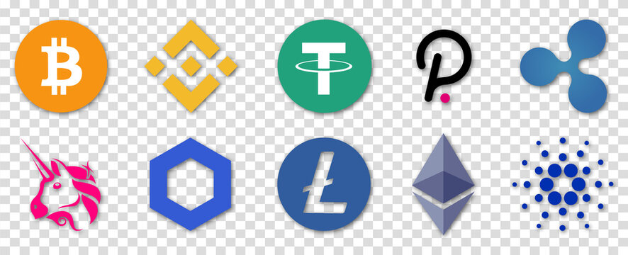 Set of cryptocurrency icon. Bitcoin, Ethereum, Binance, Tether, XRP, Polkadot Cardano Uniswap Litecoin Chainlink Editorial vector illustration
