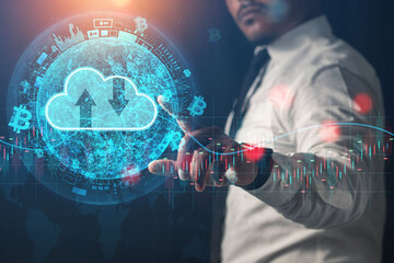 Businessman analyzes and protects business using operating system. Process identity through cloud computing. cloud business information technology
