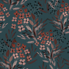 Seamless pattern. Floral pattern, twigs and flowers on a dark background, drawing, paper texture.