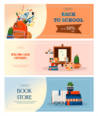 Back to school. Advertising banner, sale, online store, web. Stationery for school, university and office. Cartoon school supplies. Flat illustrations for elementary school. Bright cut out cliparts