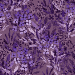 Seamless pattern. Floral pattern, twigs and flowers on a colored background, drawing, paper texture.