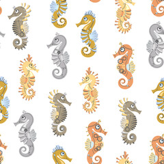 Cute mechanical sea horses on white background. Seamless pattern. Steampunk style. Cartoon design.