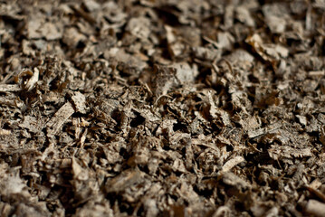 Waste wood at the factory. Thistle texture. Remains of wood after processing boards in a furniture factory.