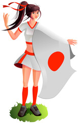 Beautiful young japanese woman holding japan flag. Cheerleader girl supports her national team
