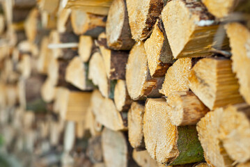Lots of chopped firewood on a pile close up. Harvesting firewood for the winter. Dry firewood for a fireplace. Decorative wall from firewood.