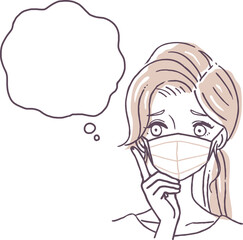 マスクをつけた女性が悩んでいるイラスト素材/吹き出し