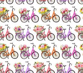 Bicycles and flowers in basket. Seamless pattern. Watercolor