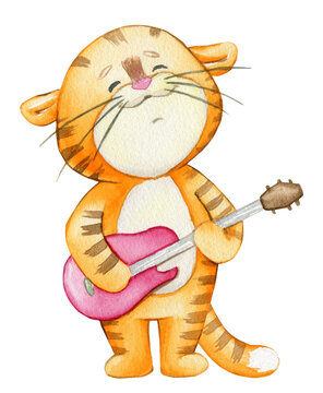 Cute tiger, playing a red guitar. A watercolor animal in a cartoon style, on an isolated background.