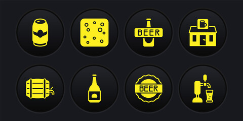 Set Wooden barrel on rack, Store building of beer shop, Beer bottle, Bottle cap with, bubbles, tap glass and can icon. Vector