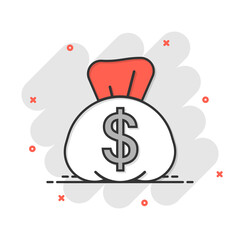 Money bag icon in comic style. Moneybag with dollar cartoon vector illustration on white isolated background. Cash sack splash effect business concept.