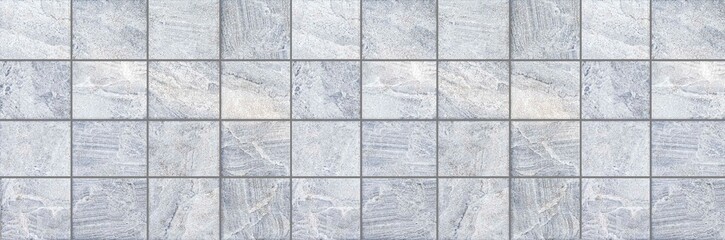 Panorama of White granite tiled wall with vintage pattern texture and background seamless