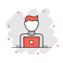 People with laptop computer icon in comic style. Pc user cartoon vector illustration on white isolated background. Office manager splash effect business concept.
