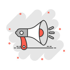 Megaphone speaker icon in comic style. Bullhorn sign cartoon vector illustration on white isolated background. Scream announcement splash effect business concept.