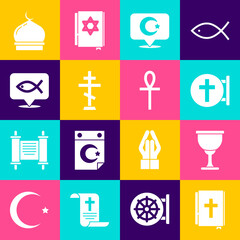 Set Holy bible book, grail or chalice, Christian cross, Star and crescent, fish, Muslim Mosque and Cross ankh icon. Vector