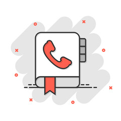 Address phone book icon in comic style. Telephone notebook cartoon vector illustration on white isolated background. Hotline contact splash effect business concept.