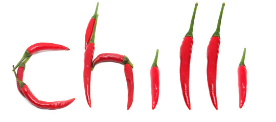 Chilli word text on white isolated,Word by red chilli nature