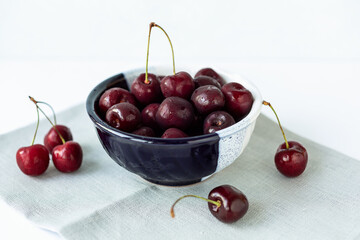 Bowl of ripe cherries. Selrctive focus. Close up.