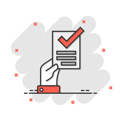 People hand with check mark icon in comic style. Accept cartoon vector illustration on white isolated background. Approval choice splash effect business concept.