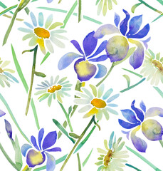 Seamless watercolor pattern with irises and daisies. Watercolor background with wildflowers