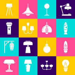 Set Light bulb, Floor lamp, Chandelier, Flashlight, and icon. Vector