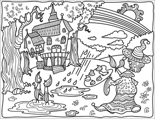 Black and white anti-stress coloring. Vector illustration for art therapy. A fairy-tale house among the trees, a magician - an artist with brushes and a palette. Picture for coloring book.