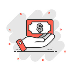 Remuneration icon in comic style. Money in hand cartoon vector illustration on white isolated background. Banknote payroll splash effect business concept.