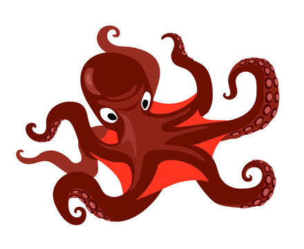 red angry attacking octopus with tentacles, deep water creature, sea devil, color vector illustration isolated on a white background in cartoon style and flat design