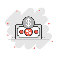 Dollar currency banknote icon in comic style. Dollar cash discount cartoon vector illustration on white isolated background. Banknote bill with percent splash effect business concept.